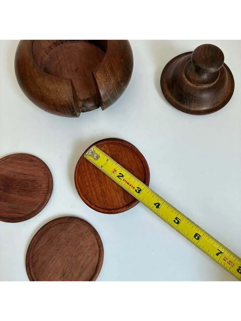 Vintage Wooden Coaster Set 5 Drink Coasters Lidded Storage Holder Hand Turned